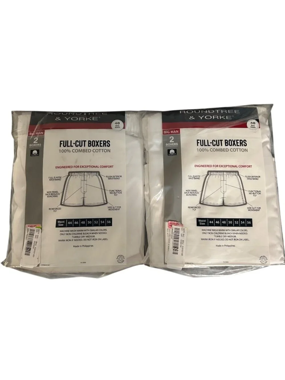 Roundtree & Yorke Men Full-Cut Boxers 2-Pack Big Man 48 100% Combed Cotton White